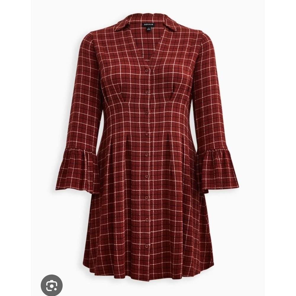 Torrid Mini‎ Gauze Bell Sleeve Shirt Dress Plus Size 4X Brown Plaid Button Front